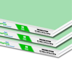 Placa de yeso verde (RH) RESISTENTE A LA HUMEDAD revestida de 1.22 x 2.44 m x 12.7 mm. - GYPTECH