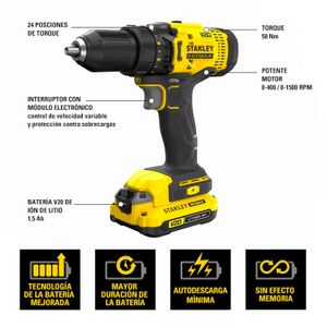 Taladro rotacional inalámbrico FATMAX de1/2" de 20V con 2 Baterías de 1,5 Ah + cargador. - STANLEY