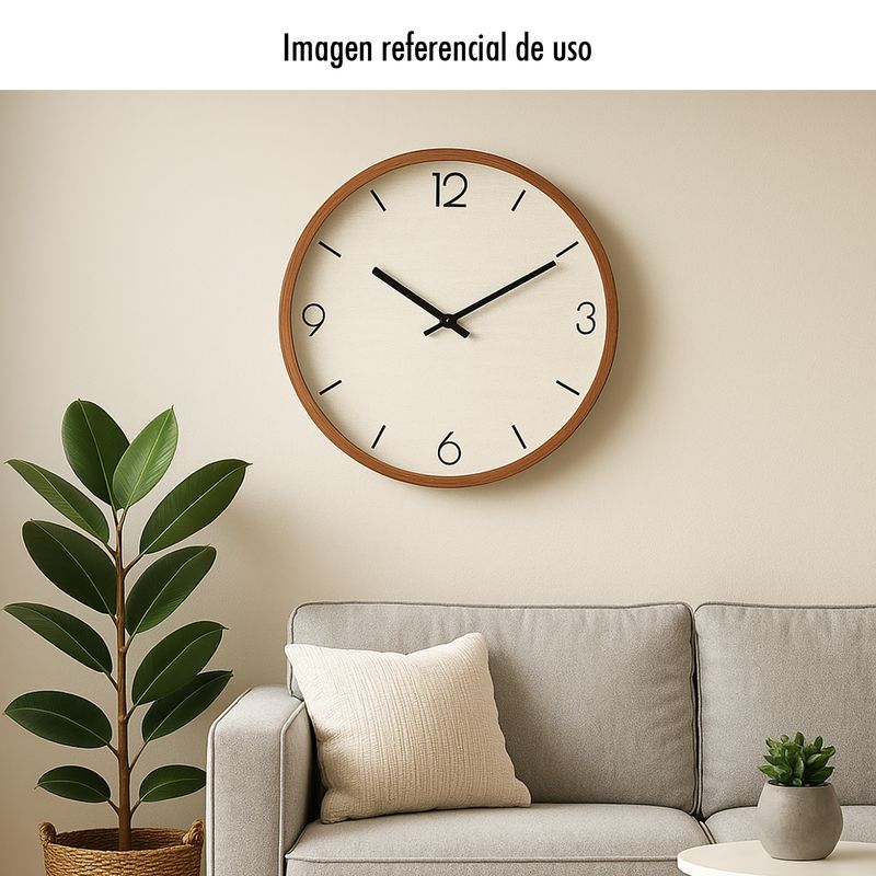 Reloj-redondo-de-pared-con-apariencia-de-tejido-y-marco-de-madera.---ORGILL