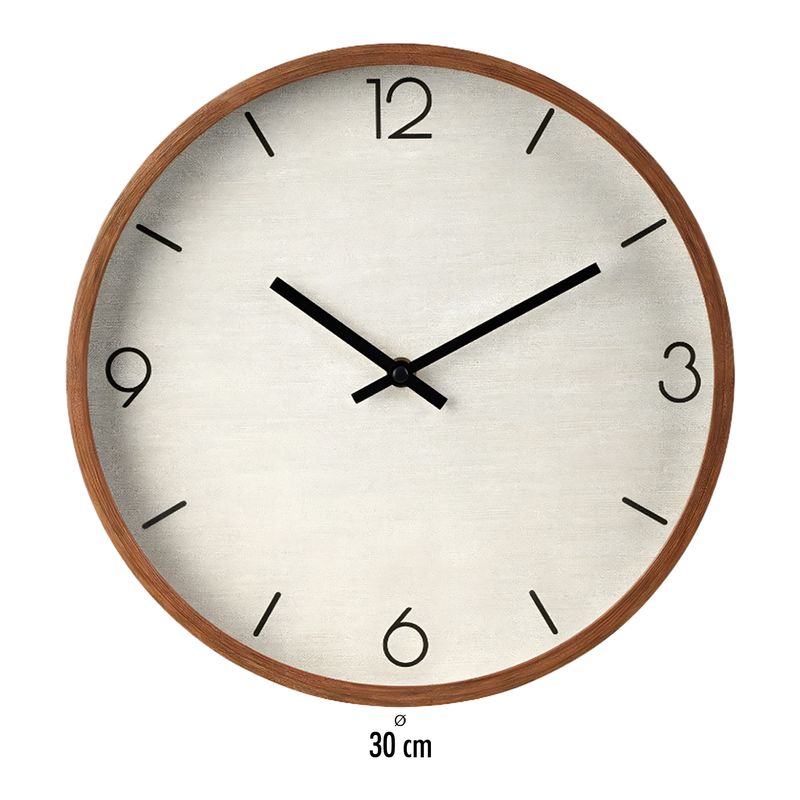 Reloj-redondo-de-pared-con-apariencia-de-tejido-y-marco-de-madera.---ORGILL