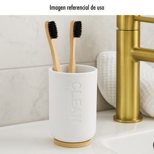 Vaso porta cepillos con base de bambú y cuerpo plástico blanco. - ORGILL
