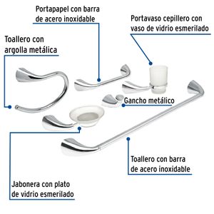 Juego de 6 accesorios para baño AERO CROMO fabricados en acero inoxidable y vidrio esmerilado. - FOSET