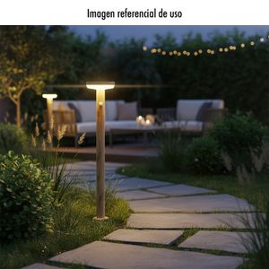 Lámpara solar de pie redonda con cuerpo de madera y acero y luz cálida de 3000 K. - GFORCE