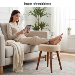 Taburete redondo acolchado beige con patas de madera. - TRENDS 4 YOU
