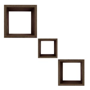 Set de tres repisas cuadradas flotantes en color nogal oscuro. - MUEBLE FÁCIL