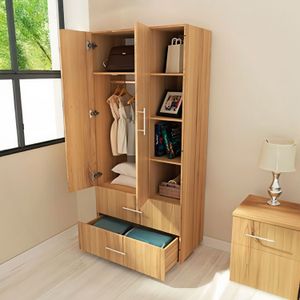 Armario de pino diseño Freya con 2 puertas + 2 cajones + 4 divisiones, color amaranto. - MUEBLE FÁCIL