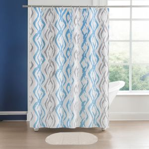 Pack de cortina para baño con diseño de zig zag y alfombra ovalada antideslizante. - PALM SPRINGS HOMES