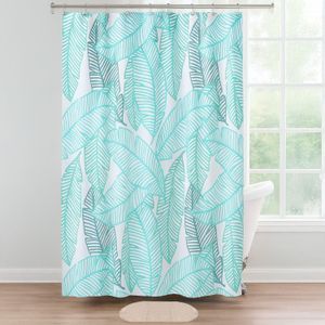 Pack de cortina para baño con diseño de hojas y alfombra ovalada antideslizante. - PALM SPRINGS HOMES