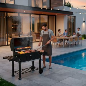 Parrilla a carbón con ruedas y estantes laterales