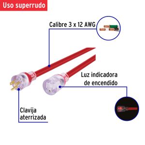 Extensión electrica reforzada roja calibre 3x12 AWG aterrizada de 15 metros para uso en exteriores. - VOLTECK