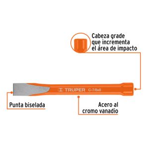 Cincel de corte frío de 7/8" x 8" con cabeza grande fabricado en acero al cromo vanadio. - TRUPER