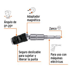 Extensión magnética articulada de 4" para puntas de taladro con zanco de 1/4" de cambio rápido. - TRUPER EXPERT
