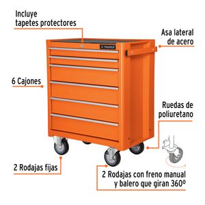Gabinete metálico móvil de 6 cajones + 1 cerradura; capacidad de carga de 130 kg, - TRUPER