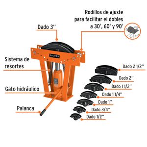 Dobladora hidráulica de tubo de 16 toneladas para tubos de 1/2" a 3"; Doblez a 30°, 60° y 90°. - TRUPER