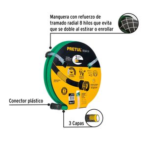 Manguera de jardín verde de 1/2" x 10 m de 3 capas con conexiones plásticas para uso básico. - PRETUL