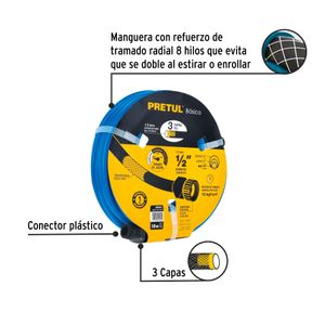 Manguera de jardín azul de 1/2" x 10 m de 3 capas con conexiones plásticas para uso básico. - PRETUL