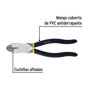 Alicate de 8" (20 cm) REFORZADA con mango de PVC antiderrapante para uso rudo. - PRETUL