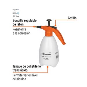 Fumigador doméstico manual de 2 lts de polietileno semitraslúcido con boquilla CONO - JET. - TRUPER