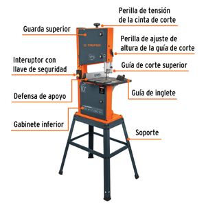 Sierra de cinta de 10" con motor de 1/3 HP, 2 velocidades y mesa inclinable (45° derecha). - TRUPER