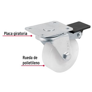 Garrucha de 2-1/2" de polietileno para cargas de hasta 35 kg con placa giratoria y freno. - FIERO