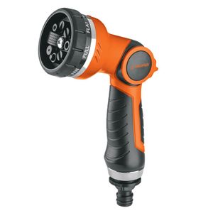 Pistola de riego de 8 funciones con cuerpo plástico ergonómico y cabezal giratorio. - TRUPER