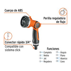 Pistola de riego de 8 funciones con cuerpo plástico ergonómico y cabezal giratorio. - TRUPER