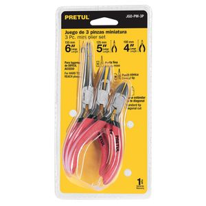 Juego de 3 mini pinzas de 6", 5" y 4" fabricadas en acero al carbono con mango de PVC. - PRETUL