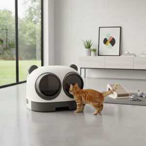 Letrina para gato plástica tipo panda de 2 puertas de vaivén. - K HOME
