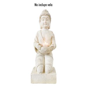 Adorno para jardín de Buda arrodillado con porta velas, hecho de piedra, color arena. - ORGILL