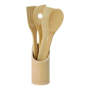 Set de 4 utensilios de bambú con porta utensilios redondo de mesa. - EXCELLENT HOUSEWARE