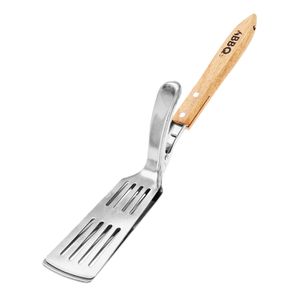 Espátula de acero inoxidable con PINZA y mango de madera de 40cm para PARRILLAS. - ORGILL
