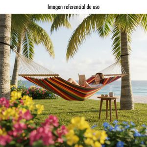 Hamaca coloridad de 200 x 80 cm con palos de madera y sujetadores de cuerda. - K HOME