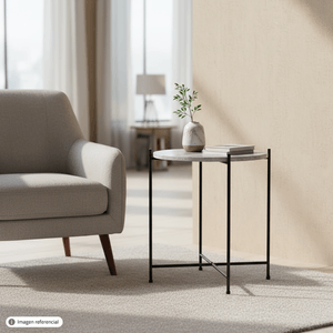 Mesa auxiliar redonda tipo piedra con estructura metálica negra. - ORGILL