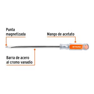 Desarmador plano de 3/8" x 8" con barra redonda de acero al cromo vanadio y mango de acetato. - TRUPER