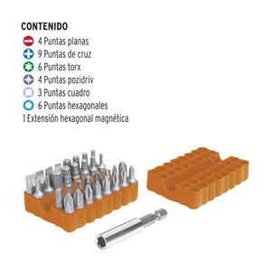 Juego de 33 puntas mixtas de 1" con zanco de 1/4" de acero al cromo vanadio + estuche. - TRUPER