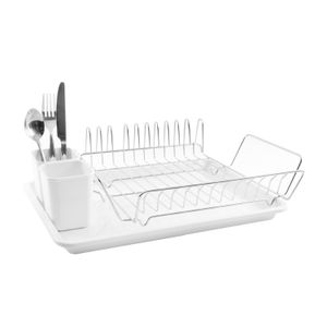 Secaplatos con escurridor metálico, bandeja y porta cubiertos de plástico color blanco. - K HOME