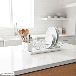 Secaplatos con escurridor metálico, bandeja y porta cubiertos de plástico color blanco. - K HOME