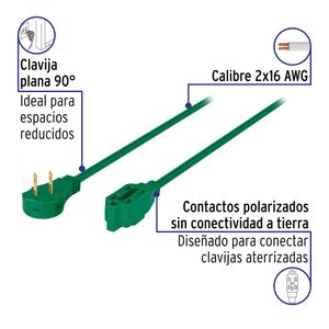 Extensión eléctrica 2x16 AWG Verde de 6 m de PVC antiflama polarizada con clavija plana. - VOLTECK