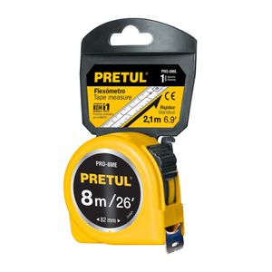 Flexómetro amarillo de 8 m con cinta blanca de 25 mm cubierta de laca. - PRETUL