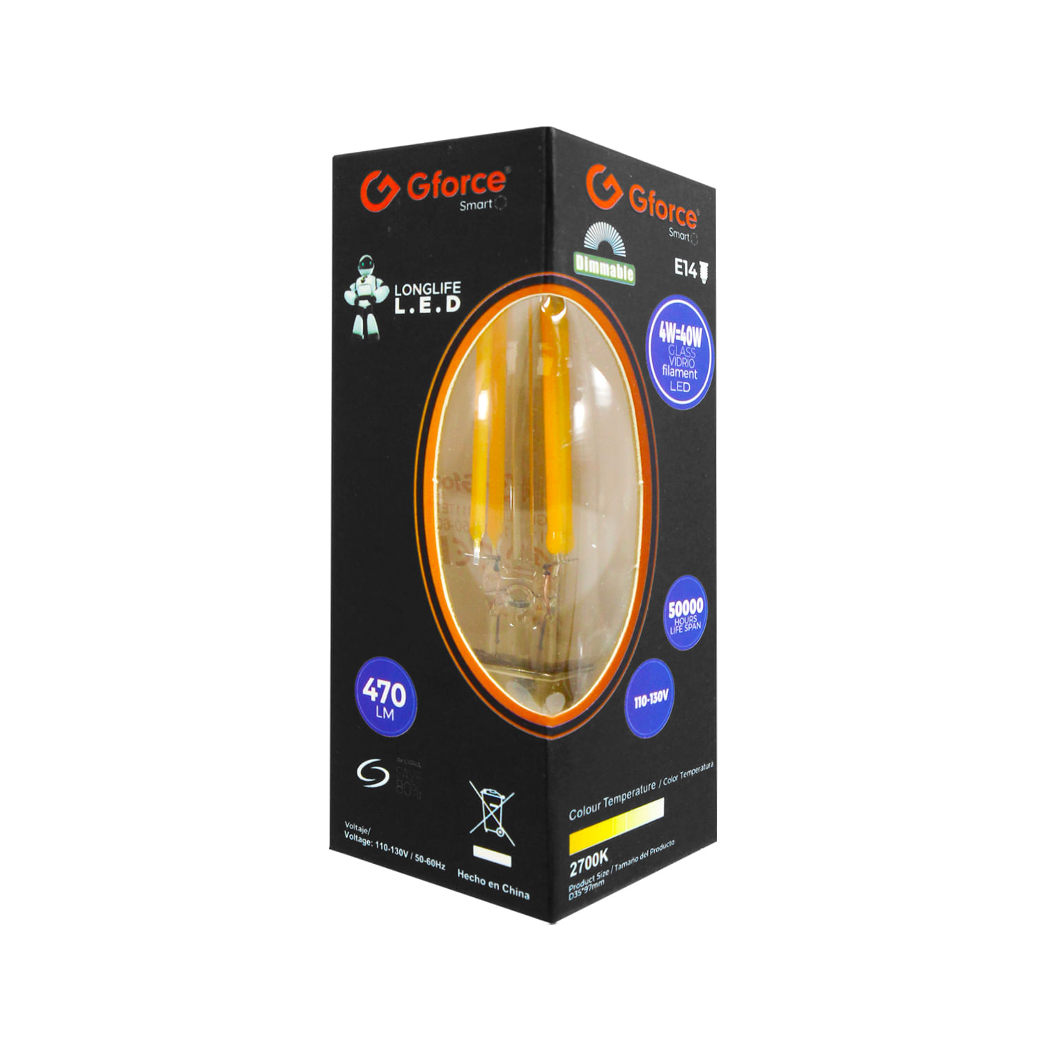 Foco LED pequeño de filamento atenuable de 4 W y diseño tipo vela ...
