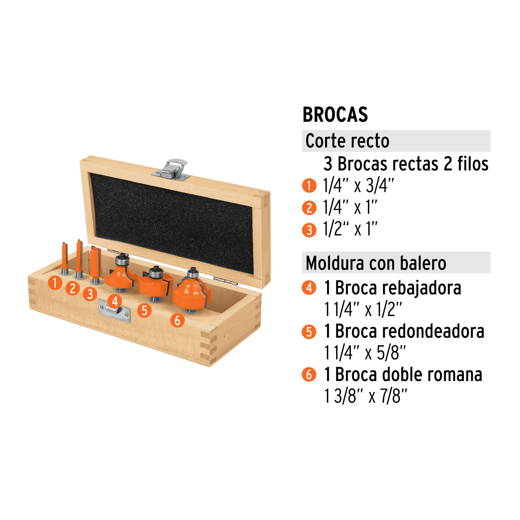 Juego de 6 brocas para router con zanco de 1/4